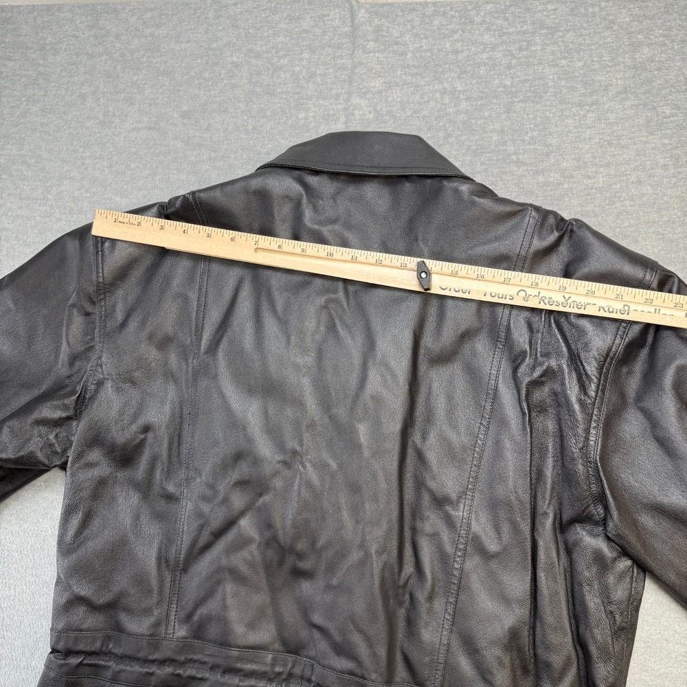 Vintage Leather Jacket Adult L/XL Black Quilt Lined Field Parka Full Zip Cinched - Picture 14 of 16